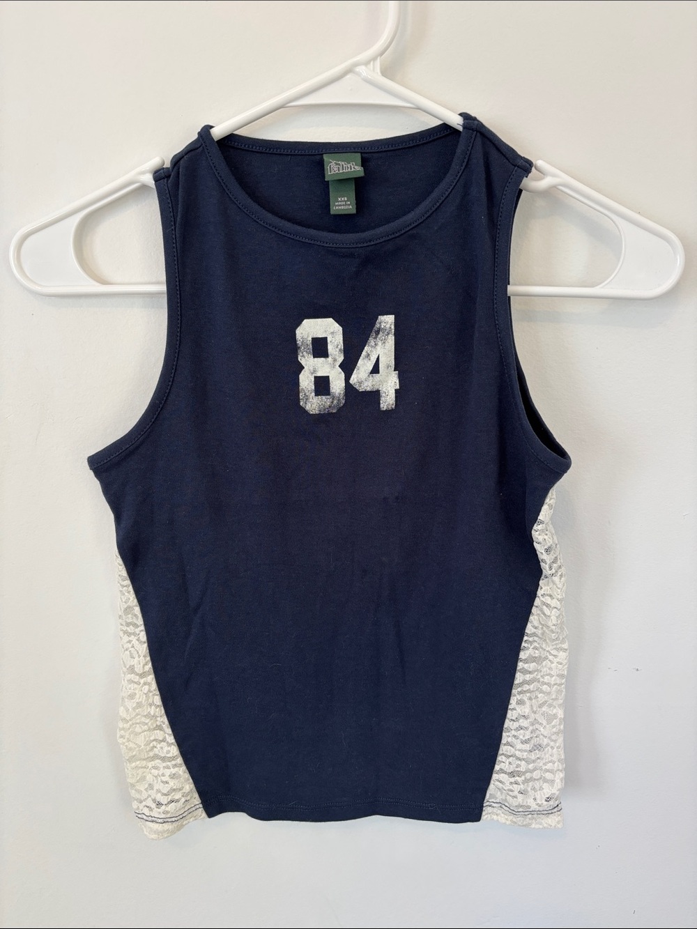 Navy Tank Top with White Lace Panels and '84' Graphic